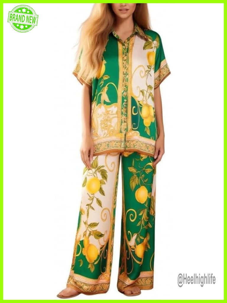 Women's Short Sleeve Button Down Pajama Set With Drawstring Pants